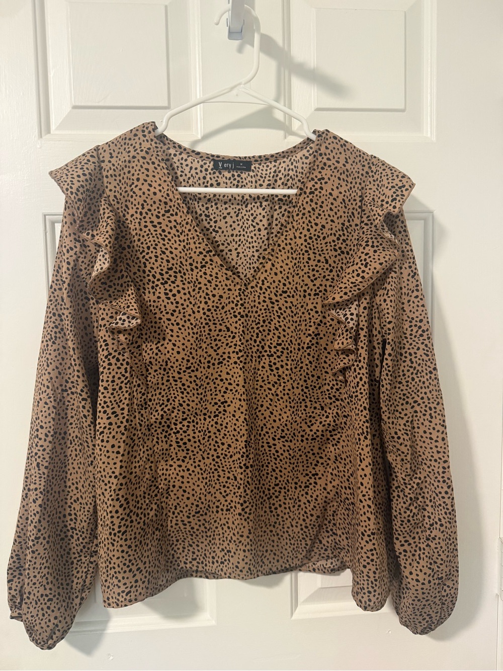 Very J Cheetah Print Ruffle V-Neck Blouse
